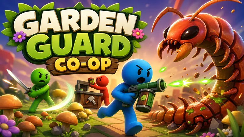 Capa de Garden Guard Co-op: quatro personagens defendem uma horta de uma centopeia