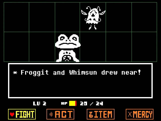 Undertale menu-driven combat with fight, act, item and mercy options