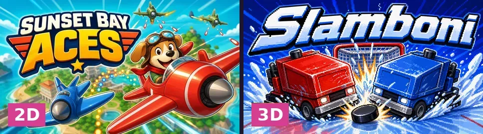 Sunset Bay Aces, a 2D bullet hell, next to Slamboni, a 3D arcade game