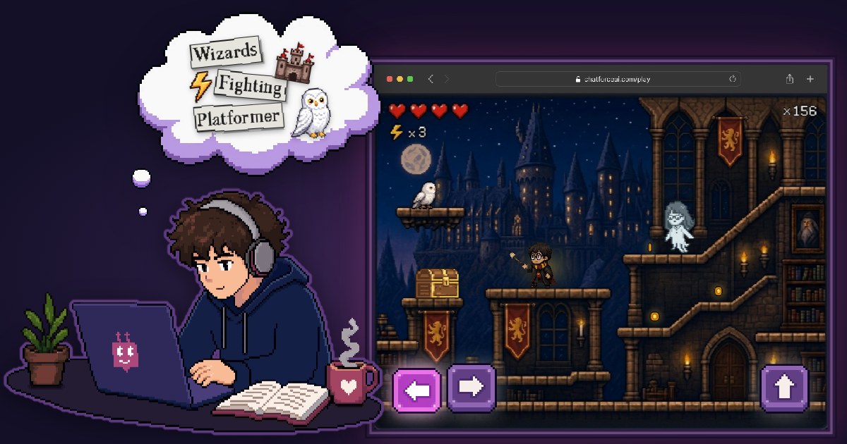 Una persona en su laptop con un café imagina un juego de plataformas con un mago, y al lado aparece ese juego listo para jugar