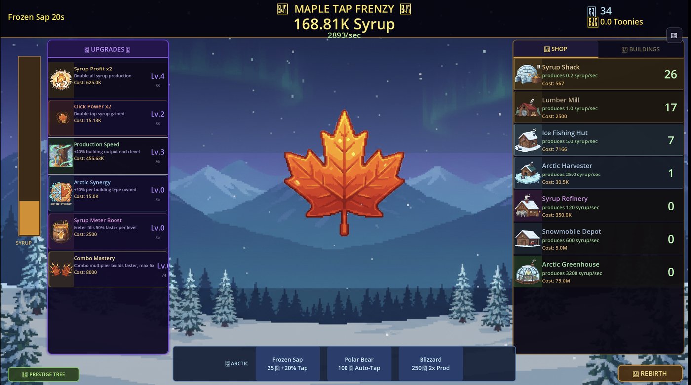 Maple Tap Frenzy, an idle game built with Chatforce: a giant maple-leaf click target, an upgrades sidebar on the left, and a generator shop on the right
