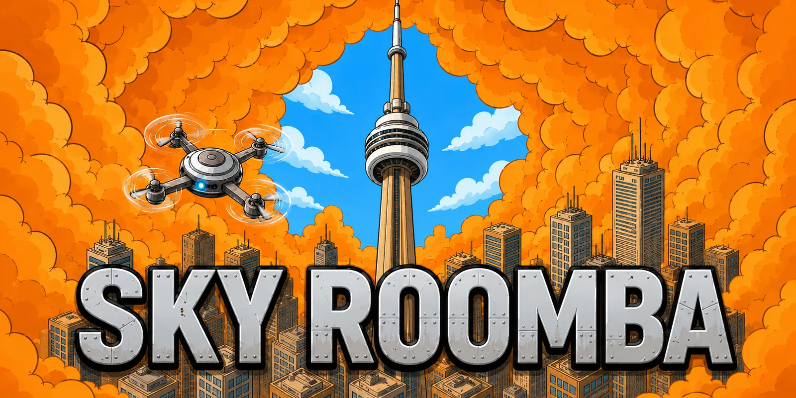 Sky Roomba, made on Chatforce: a cleanup drone flies past the CN Tower through orange wildfire smoke over downtown Toronto