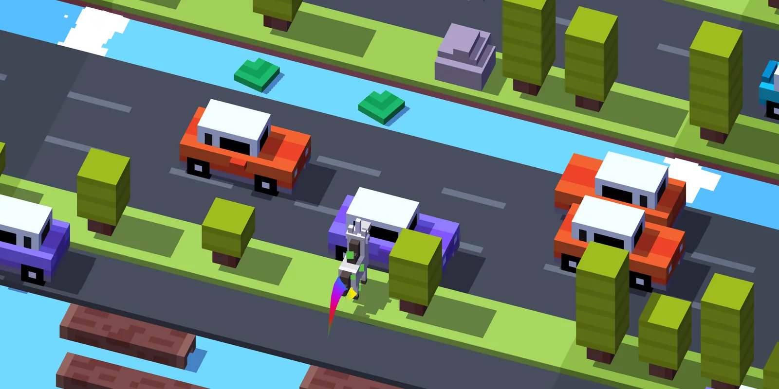 Crossy Road screenshot: a blocky character hopping across lanes of traffic beside a river