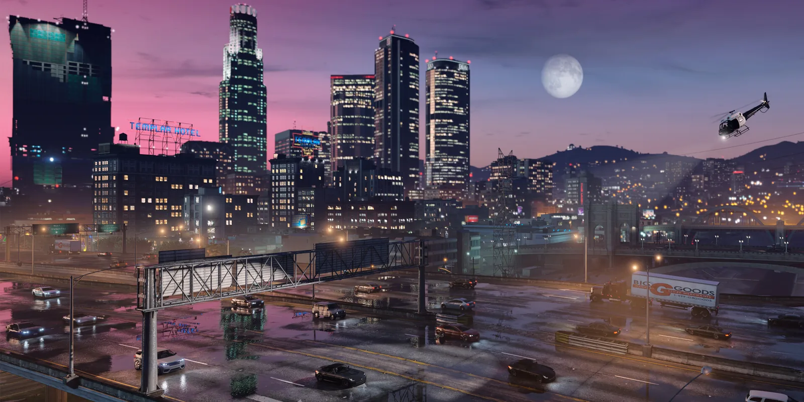 Grand Theft Auto V screenshot: the Los Santos skyline at dusk above a busy freeway