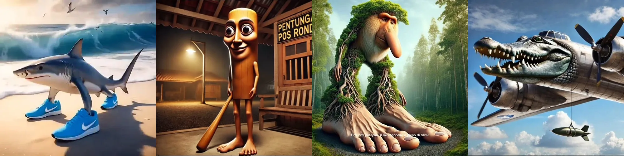Four Italian brainrot characters: a shark in blue sneakers, a wooden figure with a bat, a tree creature with giant feet, and a crocodile fused with a bomber plane
