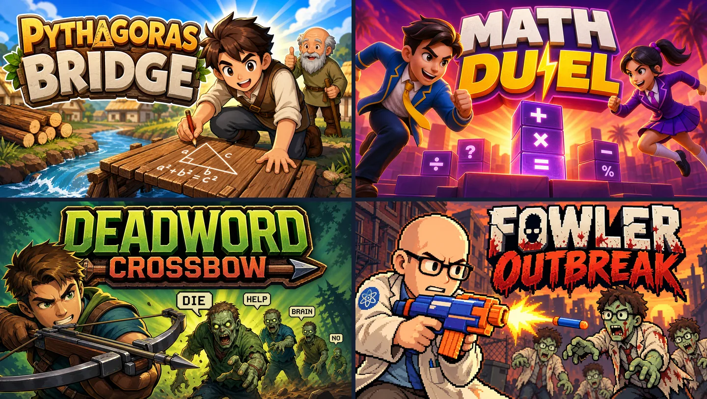 Cover art of four games made on Chatforce: Pythagoras Bridge, Math Duel, Deadword Crossbow and Fowler Outbreak