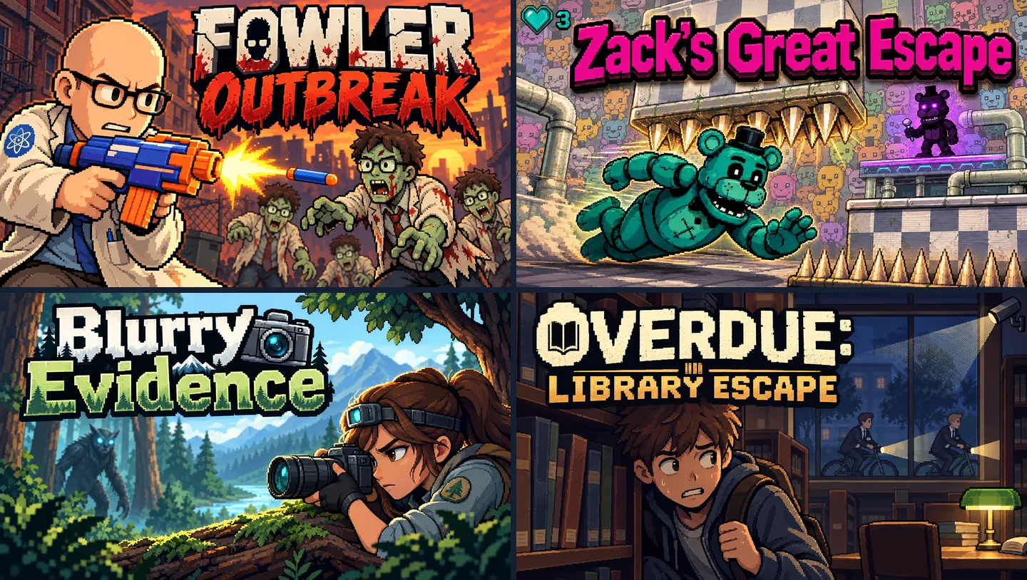 Cover art of four games made on Chatforce: Fowler Outbreak, Zack's Great Escape, Blurry Evidence and Overdue: Library Escape