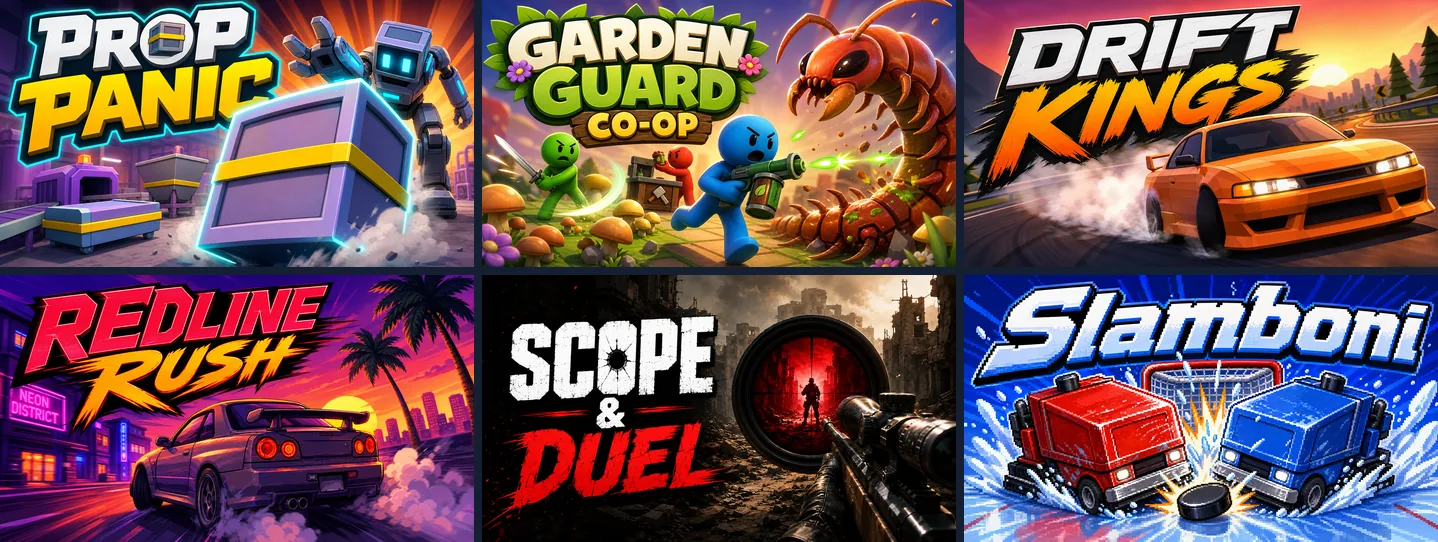Cover art of six games made on Chatforce: Prop Panic, Garden Guard Co-op, Drift Kings, Redline Rush, Scope & Duel and Slamboni