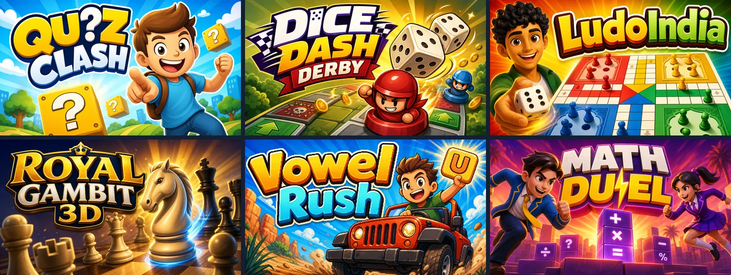 Cover art of six games made on Chatforce: Quiz Clash, Dice Dash Derby, LudoIndia, Chess Play, Vowel Rush and Math Duel
