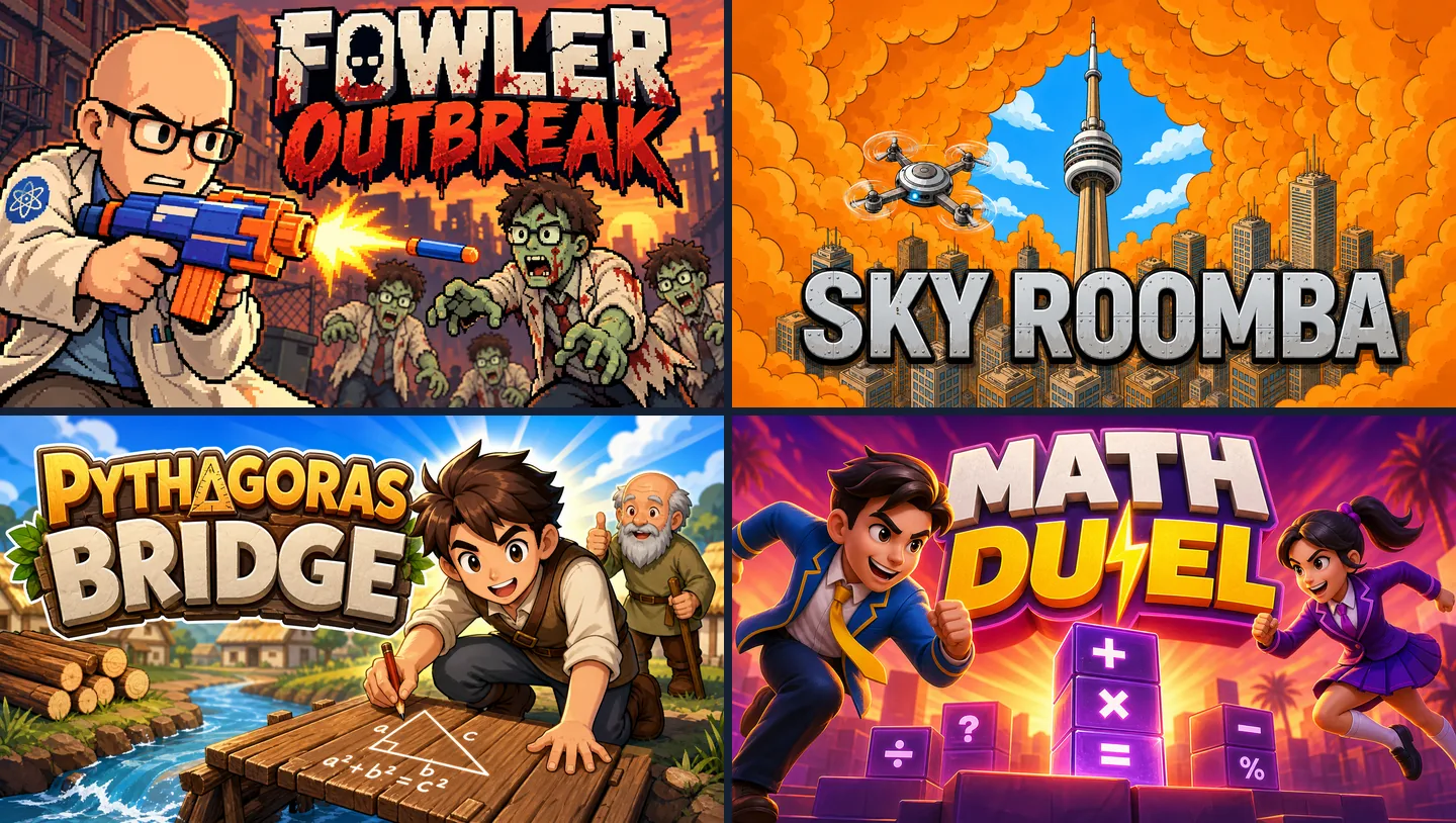 Cover art of four games made on Chatforce: Fowler Outbreak, Sky Roomba, Pythagoras Bridge and Math Duel