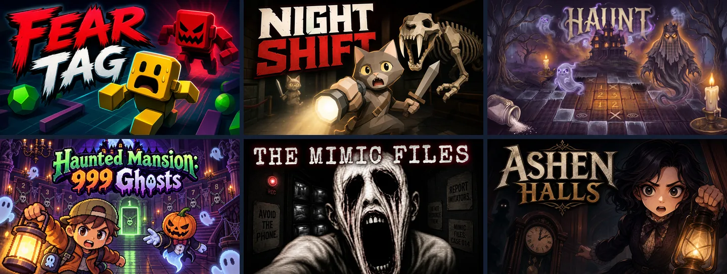Cover art of six Halloween games made on Chatforce: Fear Tag, Night Shift, Haunt, Haunted Mansion: 999 Ghosts, The Mimic Files and Ashen Halls