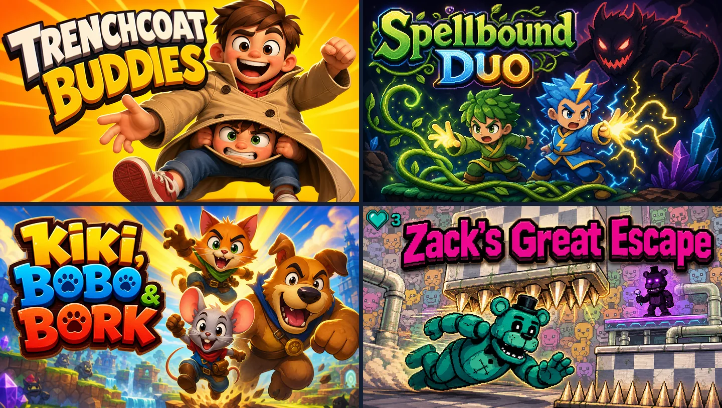 Cover art of four games made on Chatforce: Trenchcoat Buddies, Spellbound Duo, Kiki, Bobo & Bork and Zack's Great Escape