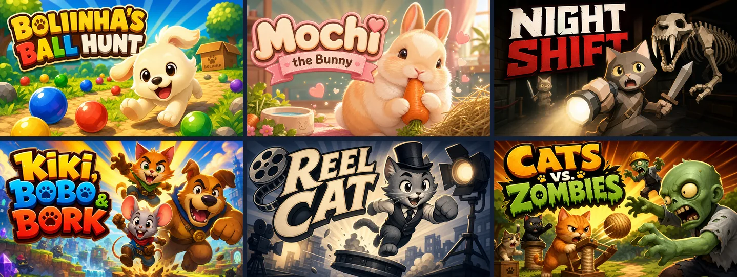 Cover art of six games made on Chatforce: Bolinha's Ball Hunt, Mochi the Bunny, Night Shift, Kiki, Bobo & Bork, Reel Cat and Cats vs Zombies