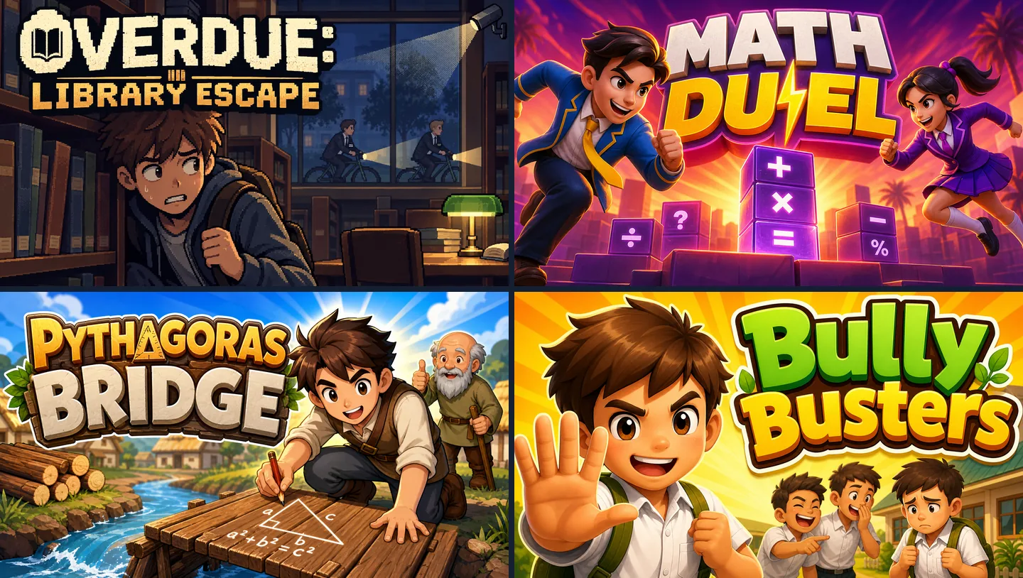 Cover art of four games made on Chatforce: Overdue: Library Escape, Math Duel, Pythagoras Bridge and Bully Busters