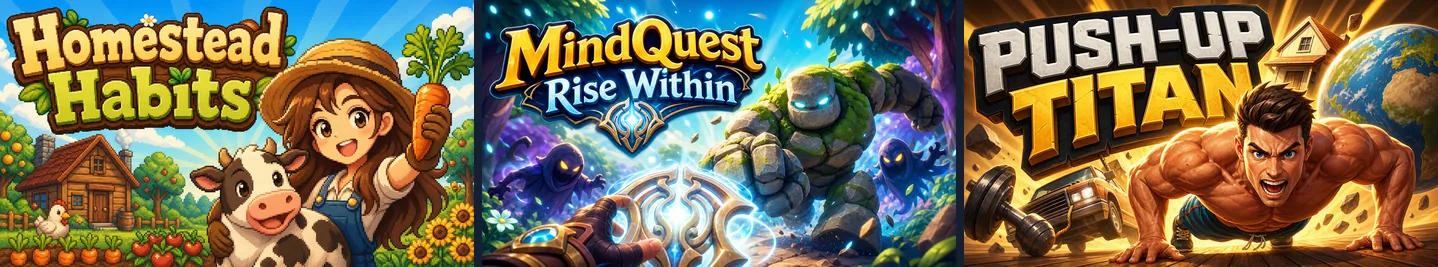 Cover art of three games made on Chatforce: Homestead Habits, MindQuest: Rise Within and Push-Up Titan