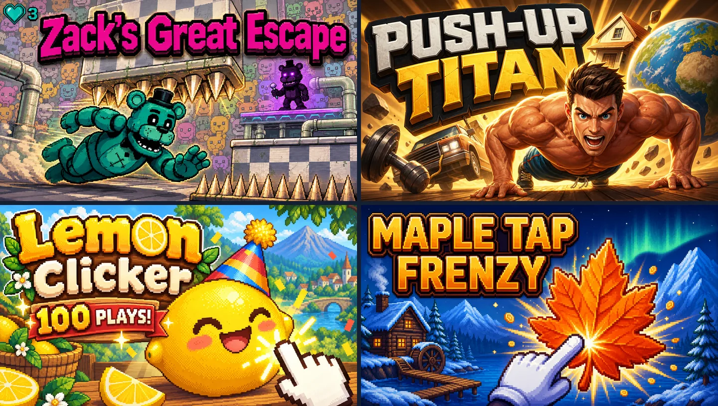 Cover art of four games made on Chatforce: Zack's Great Escape, Push-Up Titan, Lemon Clicker and Maple Tap Frenzy