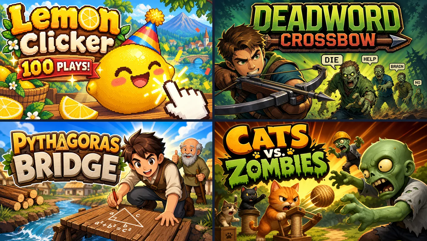 Cover art of four games made on Chatforce: Lemon Clicker, Deadword Crossbow, Pythagoras Bridge and Cats vs Zombies