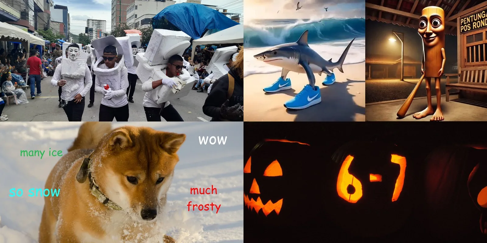 Four internet trends: Skibidi Toilet cosplayers in a parade, Italian brainrot characters Tralalero Tralala and Tung Tung Tung Sahur, a Doge meme, and a jack-o'-lantern carved with 6-7