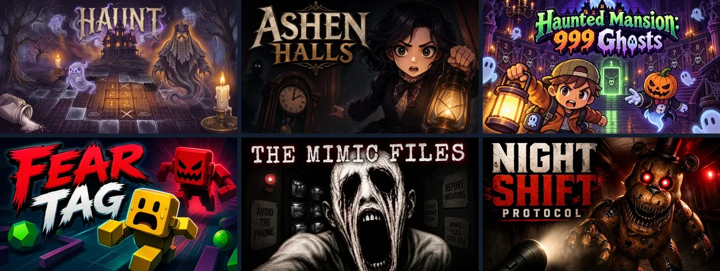 Cover art from horror games made with Chatforce, including Haunt, Ashen Halls and Haunted Mansion: 999 Ghosts